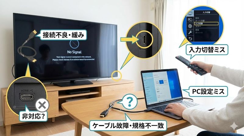 1.パソコンをHDMIでテレビに接続しても映らない主な原因